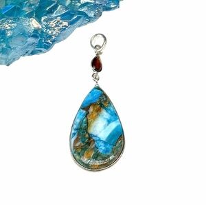 Spiny Oyster Kingman Turquoise Garnet Necklace Pendant Solid 925 Sterling Silver